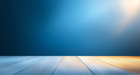 A serene and minimalistic background featuring a smooth wooden floor with a soft gradient of blue and warm light, perfect for presentations, product displays, or creative projects.の素材