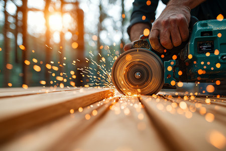 A skilled worker uses a cutting tool on wooden planks, creating sparks in a workshop filled with natural light. The image captures the essence of craftsmanship and precision.の素材
