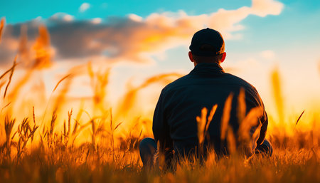 A serene moment in nature, showcasing a person embracing the beauty of a sunset in a golden field. Ideal for themes of relaxation, reflection, and connection with the environment.の素材