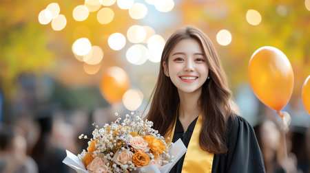 A cheerful graduate holding a beautiful bouquet and wearing a graduation gown, surrounded by autumn colors and festive balloons, radiating joy and achievement.の素材