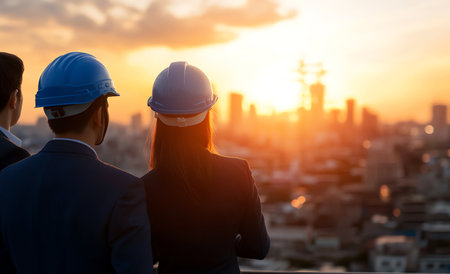 Professionals wearing helmets gazing at a city skyline during sunset. Inspirational scene reflecting teamwork and future planning in the construction industry.の素材