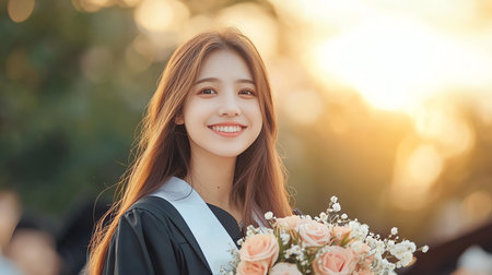A happy graduate holding a bouquet of flowers, smiling with a bright sunset in the background, wearing a graduation gown, celebrating her achievement with joy.の素材