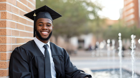A joyful graduate in a cap and gown, smiling broadly while leaning against a brick wall near a fountain, embodying the spirit of achievement and celebration.の素材