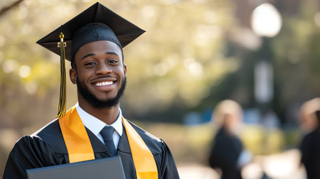 Smiling graduate wearing a cap and gown, holding a diploma with pride. Celebrating achievement on graduation day outdoors. Bright background filled with blurry classmates.の素材