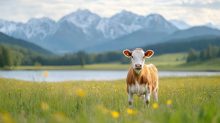 A serene landscape featuring a curious cow standing in a lush green field with vibrant flowers, framed by majestic mountains and a calm lake in the background, evoking tranquility.の素材