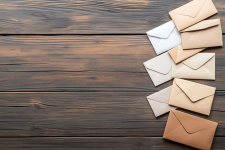 A collection of elegant envelopes arranged on a rustic wooden surface. Perfect for invitations, correspondence, or showcasing writing styles in a business or personal context.の素材