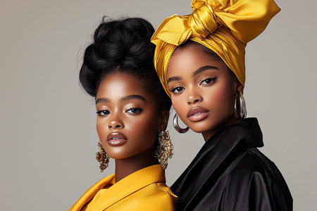 Two elegant women pose confidently, showcasing vibrant fashion and bold accessories. Their unique styles reflect modern trends, celebrating beauty and individuality in a captivating portrait.の素材