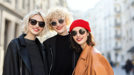 Three stylish women pose together outdoors, showcasing their unique fashion sense and cheerful expressions in a vibrant urban setting. A perfect moment of friendship captured.の素材