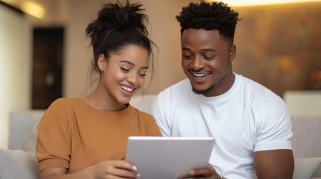 A happy couple sitting together, smiling and looking at a tablet in a cozy home setting. They seem engaged and joyful while browsing online.の素材