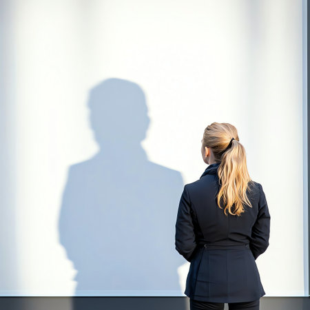 A person stands thoughtfully in front of a bright wall, gazing at a shadowy silhouette. The image captures introspection and contemplation in a serene, minimalistic setting.の素材