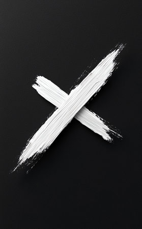 Abstract white brushstroke cross on a black background, creating a striking contrast and minimalist design, perfect for modern creative projects and artistic inspiration.の素材