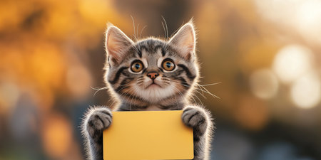 Adorable kitten holding a blank yellow sign, set against a blurred autumn background. Perfect for adding personalized text or messages to suit various occasions and themes.の素材