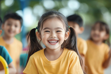 Cheerful children smiling outdoors, wearing yellow shirts, enjoying a sunny day in a park. Perfect for concepts of happiness, childhood, and playful moments in nature.の素材