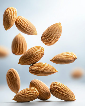 Close-up of raw almonds gracefully floating against a soft, blurred background. Showcasing natural texture and healthy snacking options in an artistic composition.の素材