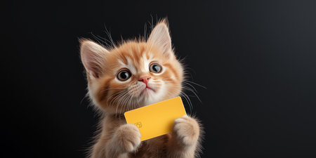 Cute ginger kitten holding a small yellow card with a curious expression against a black background, showcasing playful innocence and curiosity in a charming and adorable manner.の素材