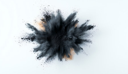 Exploding cloud of black powder creating dramatic burst on a pure white background, capturing energy and chaos.の素材