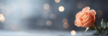 A vibrant red rose on the left side of an abstract dark background with blurred lights, creating a Valentine's Day banner design with space for text or product presentation.の素材