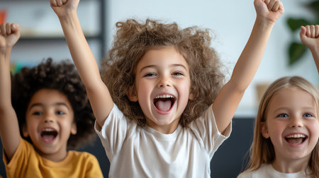 Three joyful children with raised arms smiling brightly, exuding happiness and energy.の素材