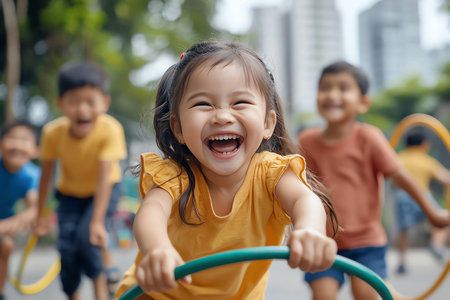 Joyful children playing with hoops in a vibrant urban park. Their laughter fills the air, embodying pure happiness and carefree childhood in a lively city setting.の素材