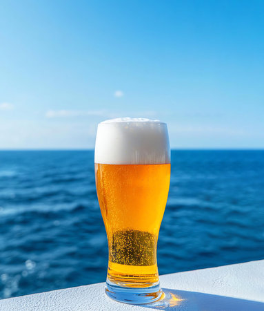 Refreshing golden beer in a glass with a creamy foam head, set against a scenic ocean backdrop under a clear blue sky, creating a relaxing summer vibe.の素材