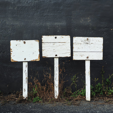 Three rustic, wooden signs stand against a textured, dark wall. These weathered, blank boards are perfect for designing creative announcements or rustic-themed projects.の素材