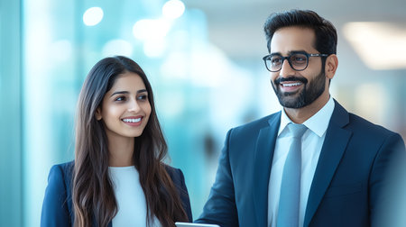 Two professionals smiling confidently in a modern office setting, symbolizing success and teamwork in a corporate environment.の素材