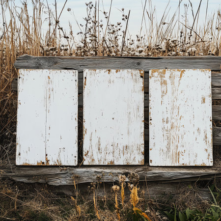 Three weathered white wooden boards leaning against a rustic wooden fence, surrounded by dry grasses and plants, evoking a sense of natural decay and rural tranquility.の素材