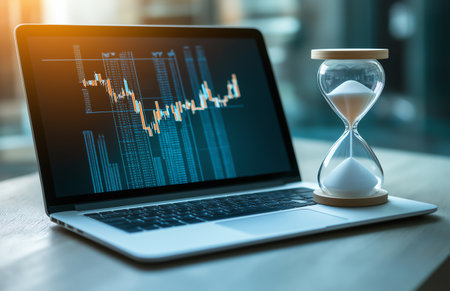A laptop displaying financial graphs alongside an hourglass symbolizes the balance between technology and time management in modern business practices.の素材