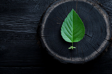 A vibrant green leaf resting on a rustic wooden slice, symbolizing nature's beauty and harmony. The contrasting textures of the wood and leaf create a stunning visual appeal.の素材