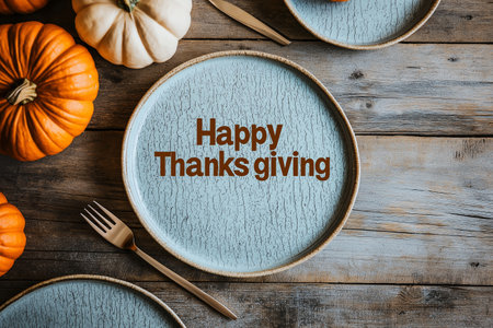 A rustic Thanksgiving setting with a 'Happy Thanksgiving' plate on a wooden table surrounded by pumpkins and cutlery, evoking a warm, festive atmosphere.の素材