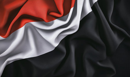 Close-up of a flag with red, white, and black colors. The fabric's texture shows in the folds, creating an elegant pattern. Suitable for cultural or patriotic themes.の素材