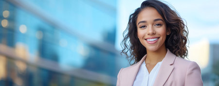 Confident young woman in professional attire smiling against a modern glass building backdrop, symbolizing success and motivation in the corporate world.の素材