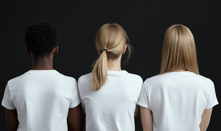 Three individuals standing back to camera, wearing white t-shirts on a dark background, showcasing diversity and unity.の素材