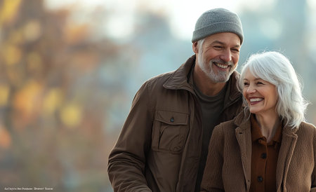 Elderly couple enjoying a leisurely walk in a park on a crisp autumn day, showcasing love, happiness, and companionship in their golden years.の素材