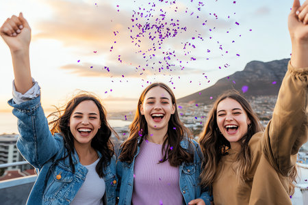 Three friends celebrating with confetti outdoors on a rooftop in Cape Town, South Africa.の素材