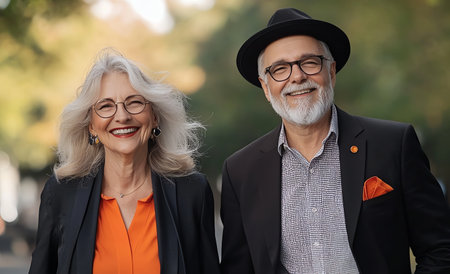 Smiling elderly couple enjoying a walk outdoors, dressed stylishly with coordinated outfits and accessories, portraying happiness and companionship in an urban setting.の素材