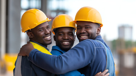 Three smiling construction workers in safety gear embrace at a construction site, embodying teamwork, collaboration, and friendship in the industrial environment.の素材