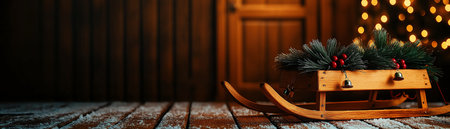 Wooden sled with festive pine branches and berries decor on rustic wooden surface. Cozy holiday vibes with warm lighting and decorative background, perfect for a seasonal celebration atmosphere.の素材