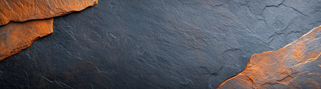 Close-up of textured slate with contrasting shades of black and orange, showing natural layers and patterns. Ideal for backgrounds and design projects.の素材