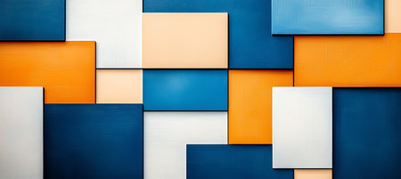 Colorful geometric abstract background with overlapping rectangles in blue, orange, and white. Perfect for creative designs, presentations, and web elements. Modern and vibrant layout.の素材