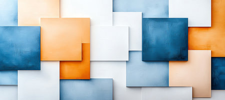Modern abstract design with overlapping squares in blue, orange, and white hues. Ideal for backgrounds, presentations, and creative projects. Vibrant geometric pattern for artistic inspiration.の素材