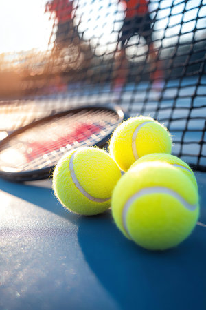 Close-up of tennis balls and racket on the court, with a blurred background and the net in focus. The sunlight highlights the details and creates soft shadows, creating an atmosphere of outdoor sports activity.の素材