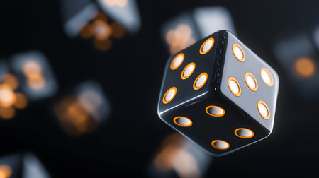 A dynamic close-up of black dice with gold pips in mid-air, captured against a dark background. Perfect for depicting chance, strategy, or gaming themes.の素材