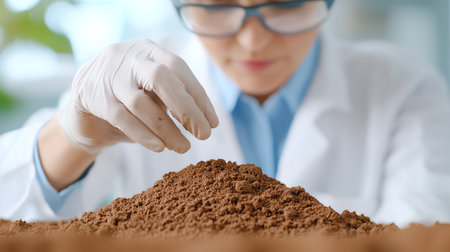 Scientist analyzing soil samples in a laboratory setting, wearing gloves and a lab coat, focusing on research for environmental studies and agricultural improvements.の素材