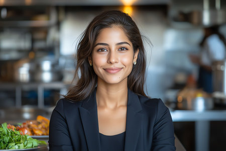 A confident woman in a professional setting, smiling warmly. This image conveys approachability and leadership, perfect for business-related themes or culinary ventures.の素材