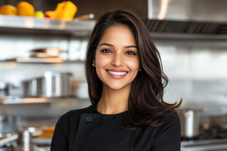 A smiling woman stands confidently in a modern kitchen, showcasing her passion for cooking. Her bright demeanor and professional attire reflect a love for culinary arts.の素材