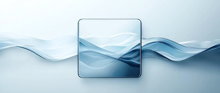 Abstract digital illustration featuring fluid, wavy lines and a glossy square. Shades of blue and white create a serene, futuristic feel. Perfect for design and technology themes.の素材