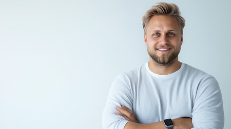 A cheerful young man stands confidently with arms crossed, wearing a casual outfit and smart watch. His friendly smile and relaxed posture create a welcoming atmosphere.の素材