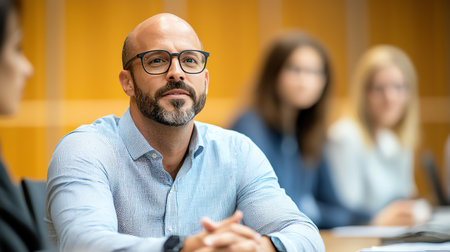A focused businessman wearing glasses sits attentively during a meeting, surrounded by colleagues. The well-lit room enhances a professional atmosphere, ideal for corporate themes.の素材