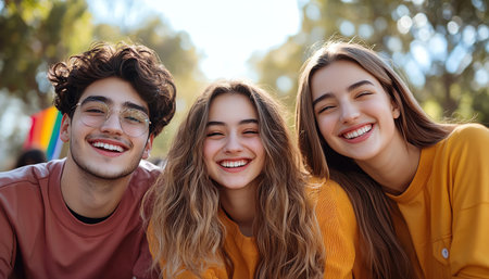 A joyful group of young friends smiling together outdoors, showcasing happiness and friendship in a vibrant setting filled with natural light.の素材